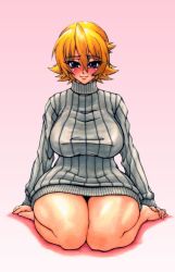 Rule 34 | 00s, 1girl, blonde hair, blue eyes, blush, breasts, dress, full body, highres, huge breasts, igawa sakura, large breasts, short hair, smile, solo, sweater, sweater dress, taimanin (series), taimanin asagi, thick thighs, thighs, turtleneck, wide hips, wrato