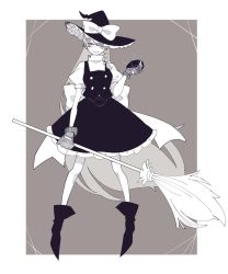 Rule 34 | 1girl, ;), back bow, bad id, bad twitter id, boots, bow, braid, broom, buttons, frilled skirt, frills, full body, gloves, greyscale, hair bow, hat, hat bow, highres, holding, holding broom, inactive account, kirisame marisa, long hair, looking at viewer, mini-hakkero, monochrome, negi si, one eye closed, parted lips, puffy short sleeves, puffy sleeves, shirt, short sleeves, single braid, skirt, skirt set, smile, solo, touhou, very long hair, vest, witch hat
