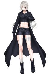 Rule 34 | 1girl, abs, androgynous, bandages, belt, belt buckle, black belt, black coat, black footwear, black gloves, black shirt, black shorts, boots, buckle, closed mouth, coat, collarbone, collared coat, commentary request, crop top, cross-laced footwear, eyepatch, full body, gloves, grey eyes, hand up, highres, lace-up boots, legs apart, long hair, long sleeves, looking at viewer, midriff, navel, open clothes, open coat, original, scar, scar on face, serious, shirt, shorts, silver hair, simple background, solo, standing, swept bangs, tsurime, v-shaped eyebrows, waka (shark waka), white background