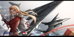 Rule 34 | 1girl, aircraft, bag, bag behind back, blonde hair, character request, crown, english text, fur-trimmed jacket, fur trim, hair ornament, highres, holding, holding bag, index finger raised, jacket, letterboxed, long hair, looking at viewer, lubikaya, open mouth, red jacket, sky, solo, torn bag, warship girls r, yellow eyes
