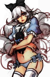 Rule 34 | 1girl, alice (alice in wonderland), alice in wonderland, big hair, blue eyes, bow, flat chest, hair bow, hairband, holding, ippus, lips, long hair, midriff, navel, no pants, panties, rabbit, striped clothes, striped panties, thighhighs, underwear, unfinished, white hair, white thighhighs