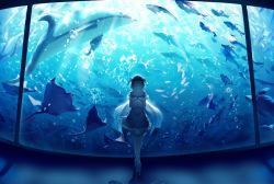 Rule 34 | 1girl, absurdres, aquarium, arms behind back, bare shoulders, blonde hair, blue theme, cicirelrel, closed eyes, collarbone, dolphin, facing viewer, fish, full body, halterneck, highres, huge filesize, jewelry, love live!, love live! school idol project, love live! sunshine!!, manta ray, midriff, navel, pendant, short hair, smile, standing, thighhighs, tiara, watanabe you