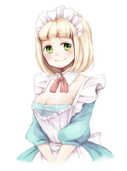 Rule 34 | 1girl, anz (starry), ao no exorcist, apron, bad id, bad pixiv id, blonde hair, blush, breasts, cleavage, green eyes, highres, large breasts, maid headdress, moriyama shiemi, short hair, simple background, smile, solo