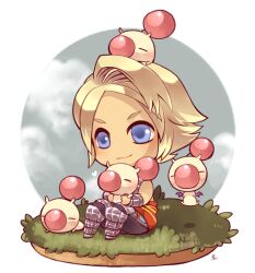 Rule 34 | 1boy, armored boots, blonde hair, boots, chibi, chibi only, closed mouth, final fantasy, final fantasy xi, full body, heart, holding, kotorai, looking ahead, male focus, moogle, no nose, short hair, signature, sitting, smile, solo, vaan (ff11)