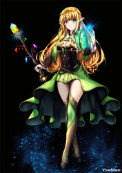 Rule 34 | 1girl, bad id, bad pixiv id, blonde hair, blue eyes, breasts, cleavage, corset, elf, fantasy, green skirt, hair ornament, crossed legs, long hair, long sleeves, looking at viewer, miniskirt, original, pointy ears, skirt, solo, very long hair, wand, yeooudam