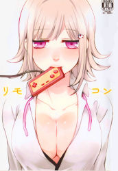 Rule 34 | 1girl, blush, breasts, cleavage, collarbone, commentary request, controller, danganronpa (series), danganronpa 2: goodbye despair, flipped hair, game controller, hair ornament, large breasts, light brown hair, looking at viewer, mouth hold, nanami chiaki, open clothes, open shirt, pink eyes, ribbon, shimoneta, shirt, short hair, simple background, solo, translation request, upper body, white background, white shirt