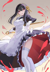 Rule 34 | 1girl, alternate costume, apron, black dress, black hair, brown background, dagger, dress, enmaided, falken (yutozin), gloves, gradient background, highres, holding, holding weapon, knife, long sleeves, looking at viewer, maid, medium hair, parted lips, red eyes, solo, spy x family, thighhighs, weapon, white apron, white gloves, white thighhighs, yor briar