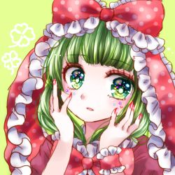 Rule 34 | 1girl, bad id, bad pixiv id, blunt bangs, clover, eyelashes, four-leaf clover, frills, green eyes, green hair, hands on own face, highres, kagiyama hina, kuyuru (vocalo520), looking at viewer, matching hair/eyes, nail polish, portrait, red nails, red ribbon, ribbon, simple background, solo, star (symbol), touhou, wrist cuffs, yellow background
