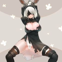 Rule 34 | 1girl, 2b (nier:automata), areola slip, arms up, assisted exposure, blindfold, bound, bound wrists, breasts, cameltoe, cleavage, cleft of venus, hairband, large breasts, leotard, mole, mole under eye, neglect play, nier:automata, nier (series), panties, parted lips, pink crown (pinkcrownpink), restrained, solo, spread legs, thighhighs, thighs, torn clothes, torn leotard, underwear, white panties