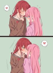 Rule 34 | 2girls, asymmetrical bangs, blue eyes, blush, bocchi the rock!, bow, cheek poking, closed eyes, comic, commentary request, embarrassed, from behind, gotoh hitori, heart, height difference, highres, jacket, kiss, kita ikuyo, light smile, long hair, long sleeves, looking at another, looking away, looking down, medium hair, multiple girls, neckerchief, nukazuke (kzhto), pink hair, poking, red hair, school uniform, silent comic, simple background, smile, surprise kiss, surprised, trembling, upper body, yellow eyes, yuri