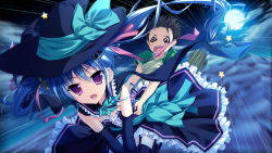 Rule 34 | 1girl, @ @, blue hair, cloud, elbow gloves, game cg, gloves, hair ornament, hat, long hair, luluna, magical marriage lunatics!!, moon, moonstone, night, open mouth, purple eyes, thighhighs, twintails, witch hat, yamakaze ran