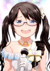 Rule 34 | 1girl, :d, black hair, blue-framed eyewear, blue eyes, blush, bow, collar, dated, detached collar, fur trim, glasses, gloves, hair bow, highres, holding, holding microphone, idolmaster, microphone, mitsumine yuika, nagian, open mouth, smile, solo, strap slip, striped, striped bow, tearing up, twintails, upper body, white background, white bow, white collar, white gloves