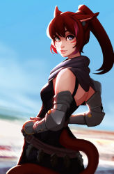 Rule 34 | 1girl, animal ears, bare shoulders, blue eyes, breasts, brown hair, cat ears, cat tail, eyebrows, final fantasy, final fantasy xiv, hands on own hips, highres, lips, long hair, looking at viewer, looking back, medium breasts, miqo&#039;te, parted lips, ponytail, raichiyo33, smile, solo, tail
