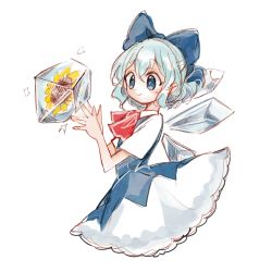 Rule 34 | 1girl, arms up, blue bow, blue dress, blue eyes, blue hair, bow, cirno, closed mouth, collar, dress, flower, hair between eyes, hands up, highres, ice, ice wings, red bow, red neckwear, short hair, short sleeves, simple background, smile, solo, sunflower, tama (hiroshige 36), touhou, white background, white collar, white sleeves, wings