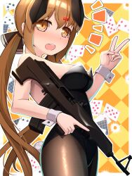 Rule 34 | 1girl, absurdres, alternate costume, animal ears, assault rifle, black bow, black leotard, bow, brown eyes, brown hair, bullpup, card, detached collar, fake animal ears, fake tail, fishnet pantyhose, fishnets, gun, hair between eyes, hair bow, hair ornament, hairclip, highres, holding, holding gun, holding weapon, kantai collection, leotard, long hair, low twintails, magazine (weapon), narashika asuka, open mouth, pantyhose, playboy bunny, playing card, rabbit ears, rabbit tail, rifle, round teeth, solo, strapless, strapless leotard, tail, tashkent (kancolle), teeth, twintails, upper teeth only, v, valmet m82, very long hair, weapon, white wrist cuffs, wrist cuffs