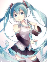 Rule 34 | 1girl, absurdly long hair, aqua eyes, aqua hair, bare shoulders, breasts, commentary, cowboy shot, detached sleeves, hatsune miku, long hair, necktie, skirt, small breasts, solo, thighhighs, twintails, undone necktie, very long hair, vocaloid, yoishi (fuchi39), zettai ryouiki