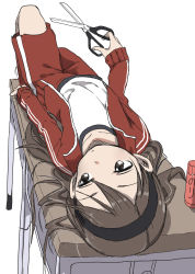 Rule 34 | 1girl, absurdres, bed, black hairband, brown eyes, brown hair, commentary request, full body, gym shorts, gym uniform, hairband, highres, holding, holding scissors, hospital bed, jacket, long hair, long sleeves, looking to the side, lying, on back, on bed, open clothes, open jacket, original, red jacket, red shorts, scissors, shirt, shorts, simple background, sleeves past wrists, solo, white background, white shirt, yamamoto souichirou
