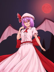 Rule 34 | 1girl, ascot, bat wings, blouse, breasts, collared shirt, cowboy shot, frilled ascot, frills, full moon, hair between eyes, hat, hat ribbon, highres, kakone, looking at viewer, mob cap, moon, night, night sky, open mouth, outdoors, petticoat, pink hat, pink shirt, purple hair, red ascot, red eyes, red moon, red ribbon, ribbon, shirt, short sleeves, skirt, sky, small breasts, smile, solo, standing, touhou, white hat, white shirt, white skirt, wings
