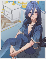 Rule 34 | 1girl, absurdres, blue gemstone, blue hair, blue pants, blue shirt, border, breasts, cleavage, clorinde (genshin impact), closed mouth, earrings, frilled sleeves, frills, from above, frown, gem, genshin impact, grey border, hair between eyes, highres, jewelry, long hair, looking at viewer, medium breasts, multicolored hair, on bed, pajamas, pants, purple eyes, rchella, shirt, short sleeves, sitting, solo, straight hair, streaked hair, striped clothes, striped pants, striped shirt, very long hair