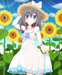 Rule 34 | 1girl, bare shoulders, blue eyes, blue sky, blush, bow, burn scar, cloud, collarbone, commentary request, day, dorei to no seikatsu ~teaching feeling~, dress, eyes visible through hair, flower, grey hair, hair between eyes, hair ornament, hairclip, hand on headwear, hat, hat bow, highres, long hair, looking at viewer, outdoors, scar, skirt hold, sky, smile, solo, sun hat, sunflower, sunlight, sylvie (dorei to no seikatsu), takahiko, white bow, white dress