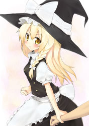 Rule 34 | 1girl, :&lt;, apron, bad id, bad pixiv id, blonde hair, blush, braid, female focus, frown, hat, holding another&#039;s wrist, kirisame marisa, long hair, looking at viewer, simple background, solo focus, tachi (piy0), touhou, waist apron, witch, witch hat, yellow eyes