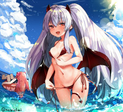 Rule 34 | 2girls, bare arms, bare shoulders, bikini, bikini pull, blue sky, blush, breasts, brown hair, character request, clothes pull, cloud, commentary request, dark persona, day, demon girl, demon horns, demon tail, demon wings, fang, grim aloe, hair between eyes, halterneck, horns, long hair, looking at viewer, medium breasts, micro bikini, multiple girls, navel, nezielmi, ocean, open mouth, pulled by self, quiz magic academy, quiz magic academy the world evolve, red bikini, red eyes, red wings, side-tie bikini bottom, silver hair, sky, smile, splashing, standing, stomach, string bikini, swimsuit, tail, thigh gap, twintails, wading, wet, wings