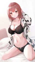 Rule 34 | 1girl, :o, animal print, arm up, bed, bed frame, bed sheet, black bra, black panties, blush, bow, bow bra, bow panties, bra, breasts, cleavage, collarbone, cow print, hand in own hair, highres, jacket, long hair, long sleeves, looking at viewer, medium breasts, mole, mole on breast, navel, on bed, open clothes, open jacket, open mouth, original, panties, pillow, red eyes, red hair, sitting, solo, take (trude1945oneetyan), underwear, wariza, white bow, white jacket, window