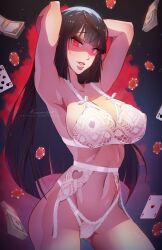 Rule 34 | 1girl, ace (playing card), ace of hearts, armpits, arms up, artist name, banknote, black hair, blunt bangs, bra, breasts, cleavage, collarbone, commentary, cowboy shot, english commentary, garter belt, garter straps, glowing, glowing eyes, heart, highres, himmely, jabami yumeko, kakegurui, lace, lace-trimmed bra, lace-trimmed panties, lace trim, large breasts, legs apart, lingerie, long hair, looking at viewer, money, navel, panties, parted lips, patreon username, playing card, poker chip, red eyes, shaded face, solo, standing, thighs, underwear, watermark, white bra, white panties