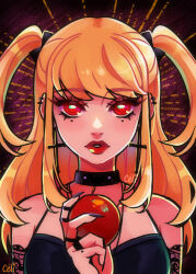 Rule 34 | 1girl, absurdres, amane misa, apple, artist name, black choker, bow, choker, commentary, cross, cross earrings, death note, ear piercing, earrings, english commentary, food, fruit, hair bow, highres, holding, holding food, holding fruit, jewelry, lipstick, long hair, looking at viewer, makeup, mole, mole under eye, pianta celi, piercing, red eyes, solo, two side up, upper body