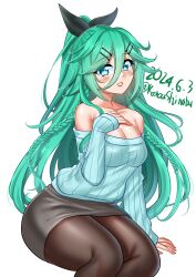 Rule 34 | 1girl, absurdres, alternate costume, black pantyhose, black ribbon, black skirt, blue eyes, blue sweater, braid, breasts, cleavage, dated, green hair, hair between eyes, hair ornament, hair ribbon, hairclip, highres, kantai collection, katou shinobu, lips, long hair, looking at viewer, medium breasts, off-shoulder sweater, off shoulder, one-hour drawing challenge, pantyhose, parted bangs, pencil skirt, ribbed sweater, ribbon, simple background, sitting, skirt, solo, sweater, twin braids, twitter username, white background, yamakaze (kancolle), yamakaze kai ni (kancolle)