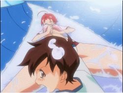 Rule 34 | 00s, 1boy, 1girl, ahoge, animated, animated gif, arm grab, between breasts, blush, breasts, brown hair, eiken, finger sucking, fingers in mouth, grabbing, hand under clothes, hand under shirt, lowres, mifune densuke, red hair, shinonome yuriko, shirt, water, water slide, wet