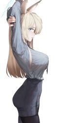 1girl absurdres animal_ear_fluff animal_ears arms_up black_necktie black_pantyhose blonde_hair blue_archive blue_eyes blue_halo blue_shirt breasts cowboy_shot dog_ears extra_ears from_side halo hand_on_own_arm highres kanna_(blue_archive) large_breasts long_hair long_sleeves looking_at_viewer looking_to_the_side necktie pantyhose shirt simple_background skirt solo stretching tagua white_background