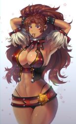 Rule 34 | 1girl, armlet, armpits, arms up, bad id, bad pixiv id, belt, belt skirt, biscottidraw, bracelet, breasts, brown hair, cleavage, dark-skinned female, dark skin, hair tie in mouth, headband, highres, jewelry, large breasts, lens flare, long hair, looking at viewer, midriff, mouth hold, navel, parted bangs, purple hair, queen&#039;s blade, red headband, risty (queen&#039;s blade), smile, standing, teeth, very long hair
