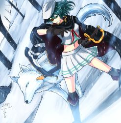 Rule 34 | 10s, 1girl, bad id, bad pixiv id, cape, eyepatch, highres, kantai collection, kiso (kancolle), rasen (camura), skirt, snow, snowing, solo, sword, weapon, wolf