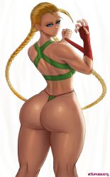 Rule 34 | 1girl, antenna hair, ass, bare shoulders, bikini, blonde hair, blue eyes, braid, breasts, cammy white, capcom, fingerless gloves, from behind, gloves, highres, huge ass, long hair, looking at viewer, shiny skin, sideboob, smile, solo, street fighter, superbusty, swimsuit, thick thighs, thighs, thong, thong bikini, twin braids, very long hair