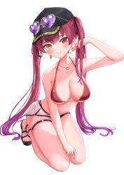 Rule 34 | 1girl, 4kimizuki, absurdres, baseball cap, bikini, bikini under shorts, black hat, breasts, cleavage, dolphin shorts, earrings, eyewear on head, gold earrings, gold necklace, gradient hair, grey shorts, hat, heart, heart-shaped eyewear, heart earrings, heart necklace, heterochromia, highres, hololive, houshou marine, houshou marine (summer), jewelry, large breasts, long hair, looking at viewer, multicolored hair, necklace, o-ring, o-ring thigh strap, official alternate costume, purple hair, red bikini, red eyes, red hair, sandals, shorts, smile, solo, sunglasses, swimsuit, thigh strap, twintails, virtual youtuber, white background, yellow eyes