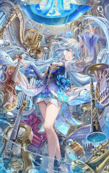 Rule 34 | 1girl, absurdres, blue brooch, blue eyes, blue hair, closed mouth, cowlick, dress, flat chest, furina (genshin impact), genshin impact, gradient dress, hair between eyes, highres, horn (instrument), instrument, juliet sleeves, light blue hair, long hair, long sleeves, lute (instrument), mismatched pupils, multicolored hair, multiple girls, parted lips, puffy sleeves, solo, torino aqua, twintails, very long hair, violin, water, white dress, white hair