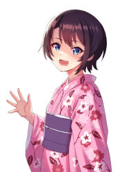 Rule 34 | 1girl, :d, black hair, blue eyes, cherry blossom print, floral print, hand up, highres, hololive, japanese clothes, kaimuu (fahrenheit724), kimono, light blush, long hair, looking at viewer, lower teeth only, oozora subaru, open mouth, pink kimono, purple sash, sash, short hair, simple background, smile, solo, teeth, traditional clothes, upper body, virtual youtuber, waving, white background, wide sleeves