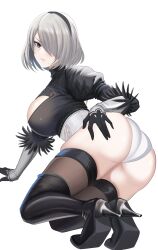 Rule 34 | 1girl, 2b (nier:automata), absurdres, ass, ass focus, black footwear, black gloves, black thighhighs, blue eyes, blush, boots, breasts, closed mouth, commentary, desspie, english commentary, gloves, grey hair, hair over one eye, high heel boots, high heels, highres, huge ass, large breasts, leotard, looking at viewer, looking back, mole, mole under mouth, nier:automata, nier (series), one eye covered, short hair, simple background, solo, thigh boots, thighhighs, thighhighs under boots, thighs, white background, white leotard