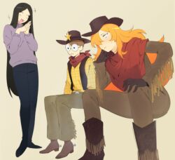 bandana blush boots character_request cowboy cowboy_hat firemauer glasses hair_over_one_eye hat highres nerd_(nerd_and_jock) nerd_and_jock non-web_source orange_hair sweater tagme tiger_(nerd_and_jock) tomboy unamused western