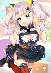 Rule 34 | 1girl, :d, bad id, bad pixiv id, bare shoulders, black dress, black footwear, blue eyes, blush, boots, breasts, claw pose, cleavage, cleavage cutout, clothing cutout, commentary request, dress, fangs, fingernails, hair ornament, hairclip, head tilt, kaguya luna, large breasts, long hair, looking at viewer, nunucco, obi, open mouth, red thighhighs, sash, sidelocks, silver hair, sleeveless, sleeveless dress, smile, solo, standing, standing on one leg, the moon studio, thighhighs, twintails, v-shaped eyebrows, virtual youtuber