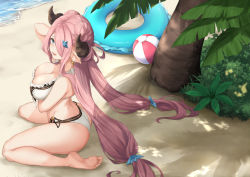 Rule 34 | 1girl, arm under breasts, arm up, ball, bare legs, barefoot, beach, beachball, bikini, blue eyes, breast hold, breasts, cleavage, double bun, draph, earrings, from above, from side, granblue fantasy, hair bun, hair ornament, hair over one eye, horns, innertube, jewelry, large breasts, long hair, looking at viewer, low twintails, narmaya (granblue fantasy), outdoors, pink hair, pointy ears, sidelocks, sitting, solo, swim ring, swimsuit, terry (pixiv3274443), twintails, very long hair, wariza, white bikini