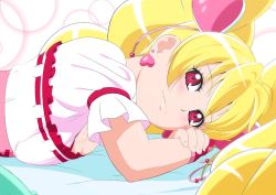 Rule 34 | 1girl, :3, blonde hair, blush, breasts, cleavage, closed mouth, cure peach, earrings, eyelashes, fresh precure!, fuchi (nightmare), hair ornament, heart, heart earrings, heart hair ornament, jewelry, long hair, looking at viewer, lying, medium breasts, on stomach, precure, red eyes, shiny skin, shirt, short sleeves, smile, solo, upper body, white shirt