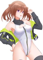 Rule 34 | 1girl, absurdres, alice gear aegis, black jacket, black thighhighs, booth babe, breasts, brown eyes, circle cutout, companion/af, cowboy shot, front zipper, full-length zipper, heattech leotard, highleg, highleg leotard, highres, jacket, kimikage yui, large breasts, leotard, long hair, purple eyes, race queen, simple background, sleeveless turtleneck leotard, solo focus, thighhighs, tubamesaapoo, turtleneck, twintails, two-tone leotard, white background, white leotard, zipper, zipper leotard, zipper pull tab