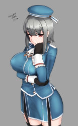 Rule 34 | 1girl, ascot, beret, black gloves, black hair, black thighhighs, blue hat, blue jacket, blue skirt, breast hold, breasts, cowboy shot, dated, garter straps, gloves, gradient background, grey background, hat, highres, jacket, kantai collection, large breasts, long sleeves, looking at viewer, maru (marg0613), military, military uniform, miniskirt, red eyes, short hair, skirt, solo, takao (kancolle), thighhighs, twitter username, uniform
