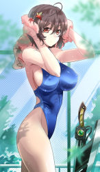 Rule 34 | 1girl, blue one-piece swimsuit, blurry, brown hair, chain-link fence, commentary request, competition swimsuit, cowboy shot, dappled sunlight, day, depth of field, covered erect nipples, fence, flower knight girl, hair ornament, hairclip, highleg, highleg swimsuit, ishizu kayu, leaf hair ornament, light rays, momiji (flower knight girl), one-piece swimsuit, outdoors, pink towel, red eyes, short hair, solo, standing, sunbeam, sunlight, swimsuit, sword, towel, weapon