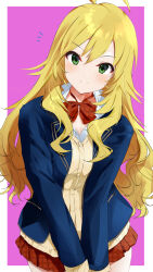 Rule 34 | &gt;:), 1girl, absurdres, ahoge, blonde hair, blue jacket, blush, border, bow, brown cardigan, cardigan, closed mouth, commentary, cowboy shot, green eyes, hair between eyes, highres, hoshii miki, idolmaster, idolmaster (classic), jacket, long hair, long sleeves, looking at viewer, miniskirt, notice lines, open clothes, open jacket, pink background, pleated skirt, red bow, red skirt, school uniform, sidelocks, simple background, skirt, smile, solo, split mouth, standing, v-shaped eyebrows, very long hair, wavy hair, white border, zenoo