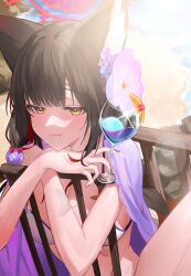 Rule 34 | 1girl, absurdres, animal ears, bikini, black hair, blue archive, breasts, cleavage, cocktail glass, cup, day, drinking glass, flower, fox ears, hair flower, hair ornament, half-closed eyes, halo, highres, holding, holding cup, long hair, medium breasts, monochrome, outdoors, sitting, smile, solo, swimsuit, wakamo (blue archive), wakamo (swimsuit) (blue archive), white bikini, yellow eyes, zanya 000