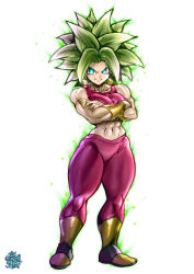 Rule 34 | 1girl, abs, bare shoulders, blue eyes, boots, bracer, closed mouth, collarbone, crossed arms, dragon ball, dragon ball super, earrings, full body, green hair, highres, jewelry, kefla (dragon ball), leggings, muscular, muscular female, navel, pink leggings, pink tank top, simple background, sleeveless, smile, smug, solo, spiked hair, standing, tank top, the golden smurf, white background