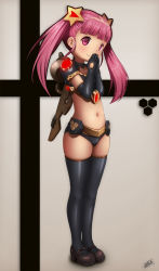 Rule 34 | 1girl, bad id, belt, bikini, black bikini, black gloves, black thighhighs, blush, brown footwear, choker, collarbone, elbow gloves, flat chest, gloves, gold belt, grey background, hair ornament, heart, highres, idfer, long hair, looking at viewer, mary janes, midriff, navel, original, pink eyes, pink hair, shoes, smile, solo, standing, star (symbol), star hair ornament, swimsuit, thighhighs, twintails